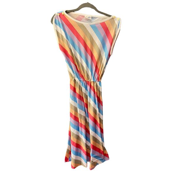 Vintage Jeni Blair of California Diagonal Stripe Midi Dress Pastel Rainbow Sz 3 - Picture 11 of 14